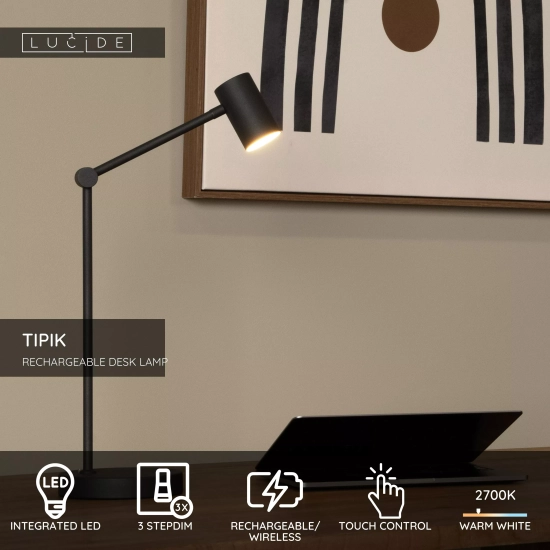 TIPIK Akumulatorowa lampa stołowa Battery pack- LED 3 StepDim 1x3W 2700K czarny 36622/03/30 Lucide - zdjęcie dodatkowe 1